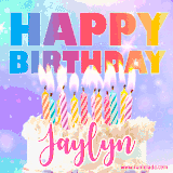 A vibrant animated name GIF with the words 'Happy Birthday Jaylyn' with colorful candles on a creamy cake. The background sparkles with pastel shades, adding a festive touch.