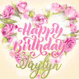 A stunning heart made of pink roses surrounds the elegant script text 'Happy Birthday Jaylyn' on a soft beige background. Animated sparkles add a magical and festive feel.