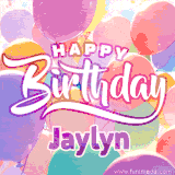 A vibrant name GIF featuring colorful balloons in shades of pink, orange, and yellow with the bold text 'Happy Birthday Jaylyn' in festive fonts, creating a lively birthday vibe.