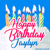 A cheerful animated GIF featuring colorful lit birthday candles on a white cake, with the text 'Happy Birthday Jaylyn' in bold red and blue script on a bright blue background.