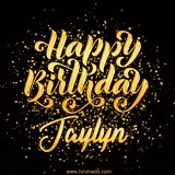 Animated GIF with colorful, festive 'Happy Birthday Jaylyn' text decorated with patterns, a party hat, and falling confetti. A vibrant and cheerful design for birthday celebrations.
