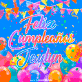 A vibrant animated GIF with 'Feliz Cumpleaños Jaylyn' written in colorful script, surrounded by balloons, confetti, and bunting on a bright blue background.