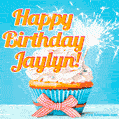 A cheerful animated GIF of a cupcake with creamy frosting, a red checkered ribbon, and a bright sparkler on top. The text 'Happy Birthday Jaylyn!' is displayed in vibrant orange and red.