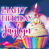 A festive animated GIF featuring a colorful cupcake with a single lit candle, sprinkles, and 'Happy Birthday Jaylyn' text against a sparkling, celebratory background.