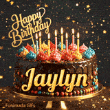 A customized birthday ecard for Jaylyn displaying a rich chocolate cake with a sparkly dark background.
