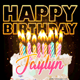 A vibrant animated GIF featuring a delicious birthday cake topped with glowing candles and the name 'Jaylyn' in elegant script, and the words 'Happy Birthday' on the black background.