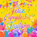 A bright and festive GIF with the text 'Feliz Cumpleaños Jaylynn' in Spanish in colorful fonts, surrounded by confetti, balloons, and festive banners on a vibrant yellow background.