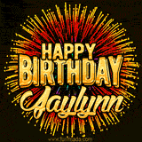 Golden 'Happy Birthday Jaylynn' text accompanied by animated rainbow fireworks for a festive animated greeting.