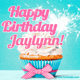 A festive cupcake with pink icing, a gingham bow, and a lit animated sparkler, paired with 'Happy Birthday Jaylynn!' in bright pink text.