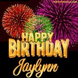 A golden 'Happy Birthday Jaylynn' message with vibrant fireworks in the background, creating a festive and celebratory vibe in this animated name GIF.
