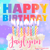 A vibrant animated name GIF with the words 'Happy Birthday Jaylynn' with colorful candles on a creamy cake. The background sparkles with pastel shades, adding a festive touch.
