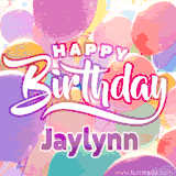 A vibrant name GIF featuring colorful balloons in shades of pink, orange, and yellow with the bold text 'Happy Birthday Jaylynn' in festive fonts, creating a lively birthday vibe.