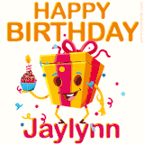 A vibrant and funny gift box character with a happy face dancing with a cupcake and the text 'Happy Birthday Jaylynn,' surrounded by animated confetti and party vibes.