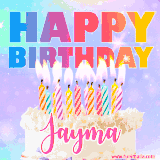 A vibrant animated name GIF with the words 'Happy Birthday Jayma' with colorful candles on a creamy cake. The background sparkles with pastel shades, adding a festive touch.