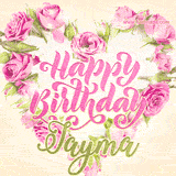 A stunning heart made of pink roses surrounds the elegant script text 'Happy Birthday Jayma' on a soft beige background. Animated sparkles add a magical and festive feel.