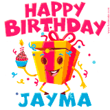 A vibrant and funny gift box character with a happy face dancing with a cupcake and the text 'Happy Birthday Jayma,' surrounded by animated confetti and party vibes.