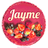 Beautifully decorated red velvet berry birthday cake with vibrant fruits and a glowing 'Jayme' name, adding a touch of sweetness and sparkle.