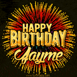 Golden 'Happy Birthday Jayme' text accompanied by animated rainbow fireworks for a festive animated greeting.