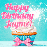 A festive cupcake with pink icing, a gingham bow, and a lit animated sparkler, paired with 'Happy Birthday Jayme!' in bright pink text.