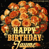 Animated bouquet of orange roses with moving butterfles and golden 'Happy Birthday Jayme' text, surrounded by sparkling accents and a dark backdrop for a luxurious feel.