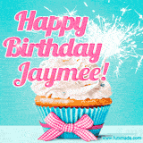 A festive cupcake with pink icing, a gingham bow, and a lit animated sparkler, paired with 'Happy Birthday Jaymee!' in bright pink text.