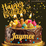 A delightful chocolate birthday cake with bright candles and 'Happy Birthday Jaymee' written in gold amidst a shower of animated stars.