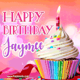 A vibrant birthday GIF featuring a rainbow-colored cupcake topped with white frosting, sprinkles, and a lit candle. The text reads 'Happy Birthday Jaymee' in bold pink and violet letters with white outline.