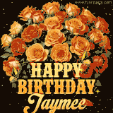 Animated bouquet of orange roses with moving butterfles and golden 'Happy Birthday Jaymee' text, surrounded by sparkling accents and a dark backdrop for a luxurious feel.