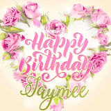 A stunning heart made of pink roses surrounds the elegant script text 'Happy Birthday Jaymee' on a soft beige background. Animated sparkles add a magical and festive feel.
