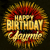 Golden 'Happy Birthday Jaymie' text accompanied by animated rainbow fireworks for a festive animated greeting.