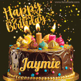 A delightful chocolate birthday cake with bright candles and 'Happy Birthday Jaymie' written in gold amidst a shower of animated stars.