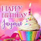 A vibrant birthday GIF featuring a rainbow-colored cupcake topped with white frosting, sprinkles, and a lit candle. The text reads 'Happy Birthday Jaymie' in bold pink and violet letters with white outline.