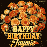 Animated bouquet of orange roses with moving butterfles and golden 'Happy Birthday Jaymie' text, surrounded by sparkling accents and a dark backdrop for a luxurious feel.