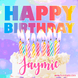 A vibrant animated name GIF with the words 'Happy Birthday Jaymie' with colorful candles on a creamy cake. The background sparkles with pastel shades, adding a festive touch.