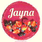 Beautifully decorated red velvet berry birthday cake with vibrant fruits and a glowing 'Jayna' name, adding a touch of sweetness and sparkle.