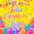 A bright and festive GIF with the text 'Feliz Cumpleaños Jayna' in Spanish in colorful fonts, surrounded by confetti, balloons, and festive banners on a vibrant yellow background.