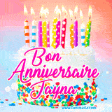 A white birthday cake covered in colorful sprinkles, topped with bright candles, and French text 'Bon Anniversaire Jayna' on a pastel gradient background in an animated GIF.