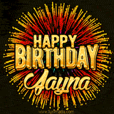 Golden 'Happy Birthday Jayna' text accompanied by animated rainbow fireworks for a festive animated greeting.
