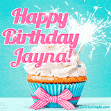 A festive cupcake with pink icing, a gingham bow, and a lit animated sparkler, paired with 'Happy Birthday Jayna!' in bright pink text.