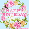 A charming animated GIF featuring 'Happy Birthday Jayna' in pink and green text, surrounded by delicate roses, leaves, and fluttering butterflies on a soft light blue pastel background.