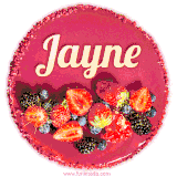 Beautifully decorated red velvet berry birthday cake with vibrant fruits and a glowing 'Jayne' name, adding a touch of sweetness and sparkle.