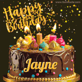 A delightful chocolate birthday cake with bright candles and 'Happy Birthday Jayne' written in gold amidst a shower of animated stars.