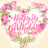 A stunning heart made of pink roses surrounds the elegant script text 'Happy Birthday Jayne' on a soft beige background. Animated sparkles add a magical and festive feel.