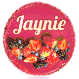 Beautifully decorated red velvet berry birthday cake with vibrant fruits and a glowing 'Jaynie' name, adding a touch of sweetness and sparkle.