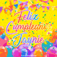 A bright and festive GIF with the text 'Feliz Cumpleaños Jaynie' in Spanish in colorful fonts, surrounded by confetti, balloons, and festive banners on a vibrant yellow background.