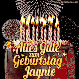 A chocolate birthday cake with glowing candles, the German text 'Alles Gute zum Geburtstag Jaynie,' and vibrant fireworks lighting up the background in an animated GIF.