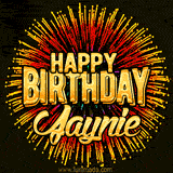 Golden 'Happy Birthday Jaynie' text accompanied by animated rainbow fireworks for a festive animated greeting.