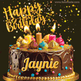 A delightful chocolate birthday cake with bright candles and 'Happy Birthday Jaynie' written in gold amidst a shower of animated stars.