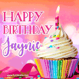 A vibrant birthday GIF featuring a rainbow-colored cupcake topped with white frosting, sprinkles, and a lit candle. The text reads 'Happy Birthday Jaynie' in bold pink and violet letters with white outline.