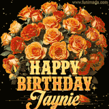 Animated bouquet of orange roses with moving butterfles and golden 'Happy Birthday Jaynie' text, surrounded by sparkling accents and a dark backdrop for a luxurious feel.